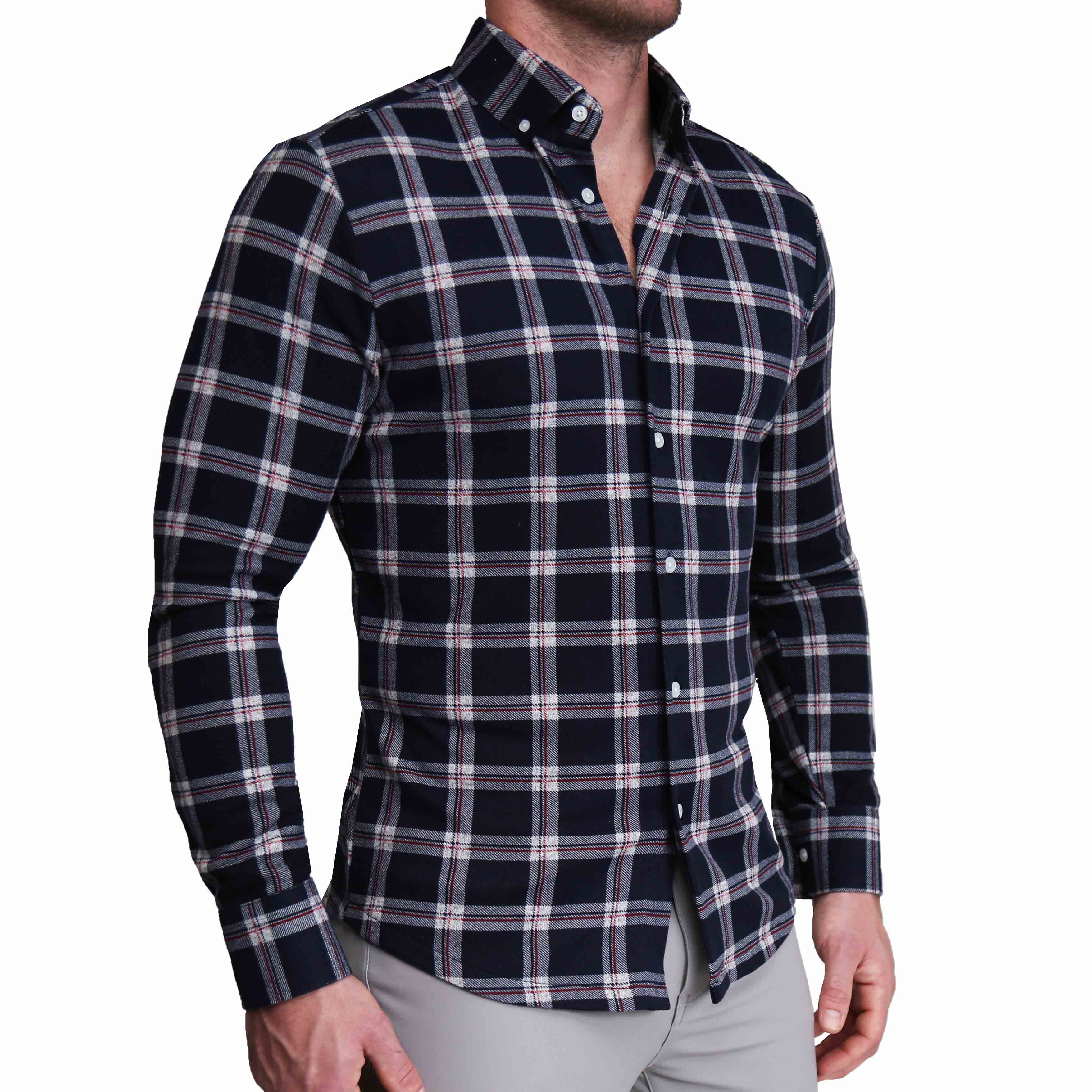 "The Gavin" Navy, Red & White Plaid Casual Button Down
